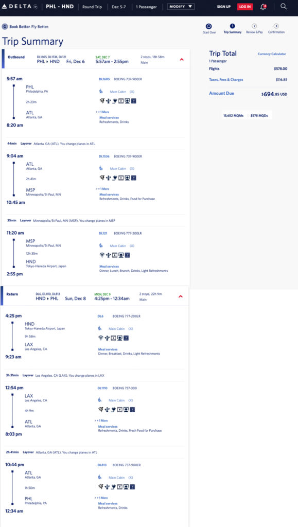 Delta weekend elite mileage run from Philadelphia to Tokyo in December 2019.