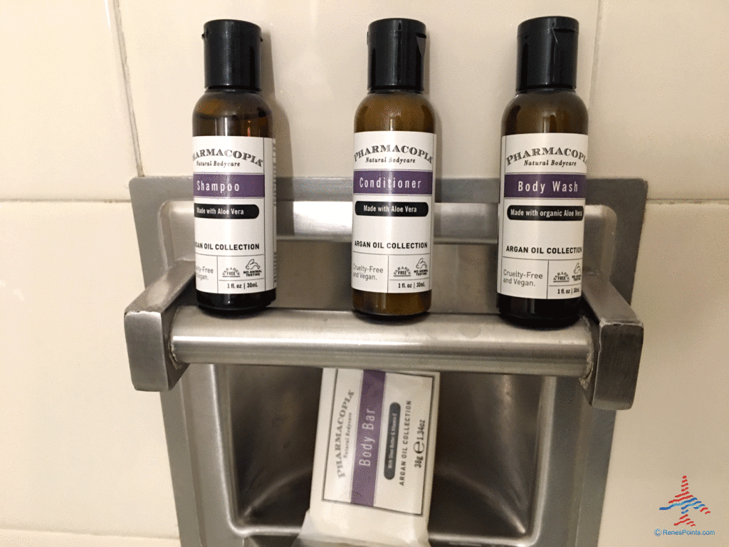 Pharmacopia toiletries are seen in the shower of an executive king bedroom at the Hyatt Regency O'Hare Chicago airport hotel in Rosemont, Illinois.