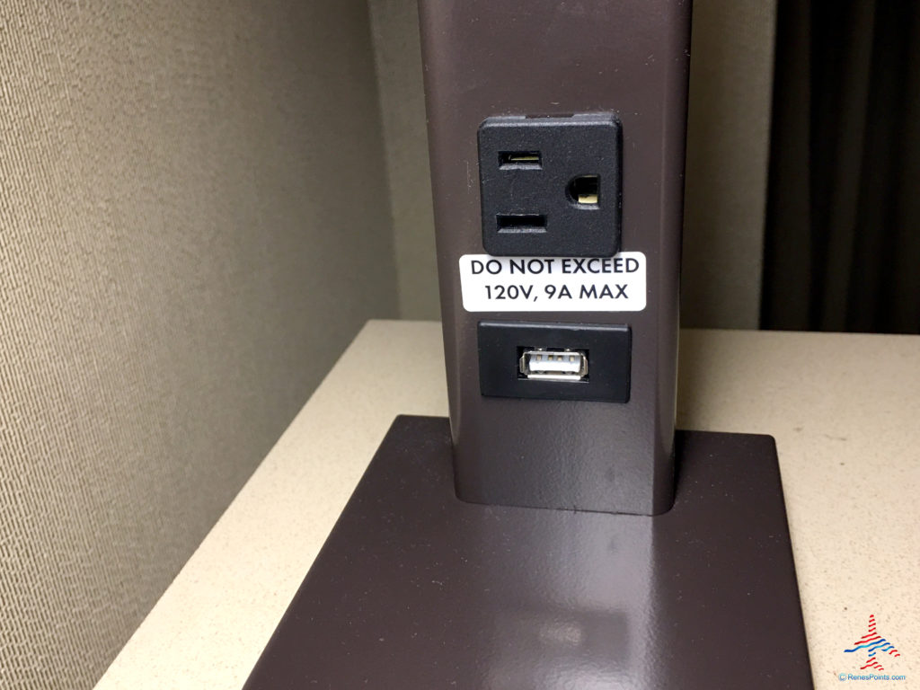 A power outlet and USB port on a desk lamp are seen inside an executive king bedroom at the Hyatt Regency O'Hare Chicago airport hotel in Rosemont, Illinois.