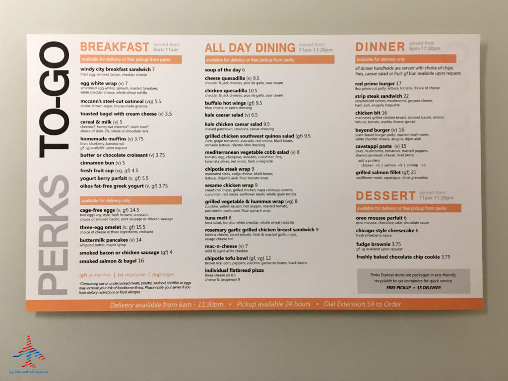 A room service and take out menu is seen inside an executive king bedroom at the Hyatt Regency O'Hare Chicago airport hotel in Rosemont, Illinois.