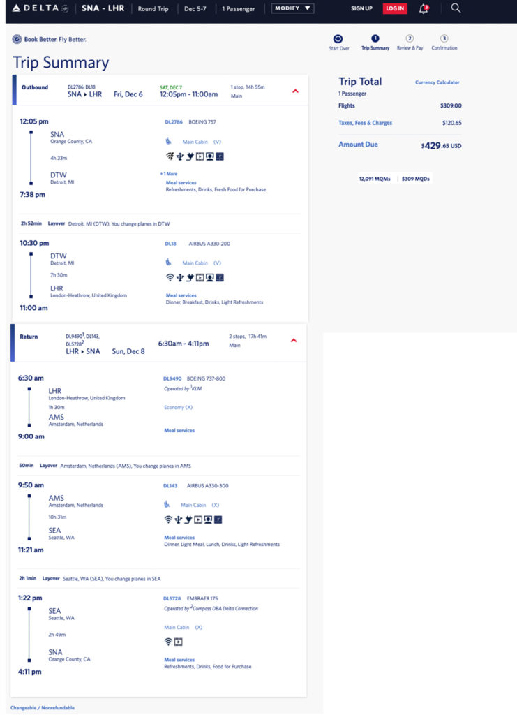 Sweet Year-End Delta MQM Weekend Mileage Run: Orange County (SNA) to London Heathrow (LHR) at 3.6 CPM!