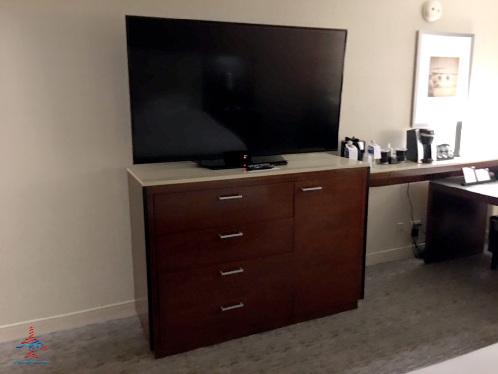 A giant television is seen inside an executive king bedroom at the Hyatt Regency O'Hare Chicago airport hotel in Rosemont, Illinois.