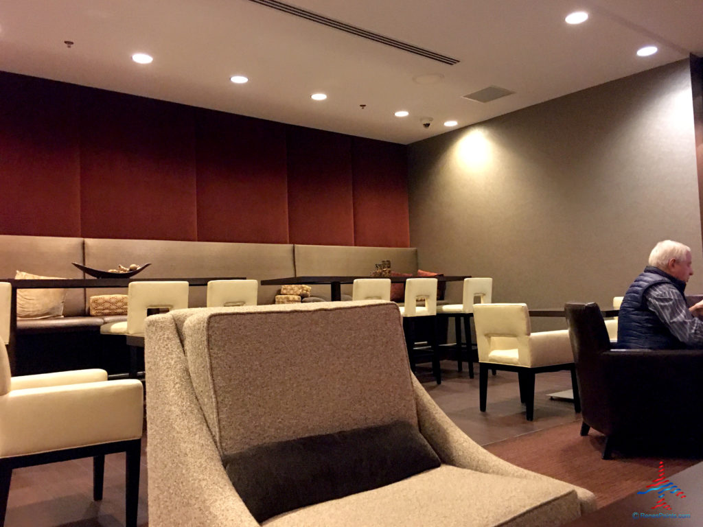 Tables and chairs are seen inside the Regency Club lounge at the Hyatt Regency O'Hare Chicago airport hotel in Rosemont, Illinois.