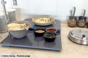 Udon noodles are served at the United Club LAX airport lounge in Los Angeles, California.