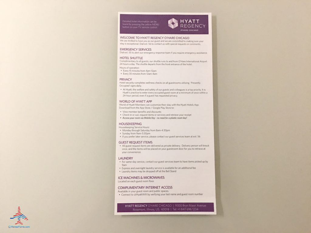 A welcome and information card is seen inside an executive king bedroom at the Hyatt Regency O'Hare Chicago airport hotel in Rosemont, Illinois.