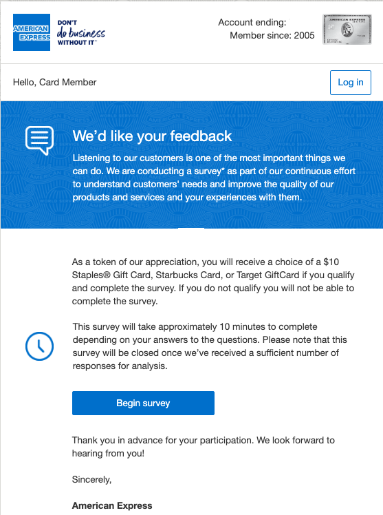 A survey offer from American Express.