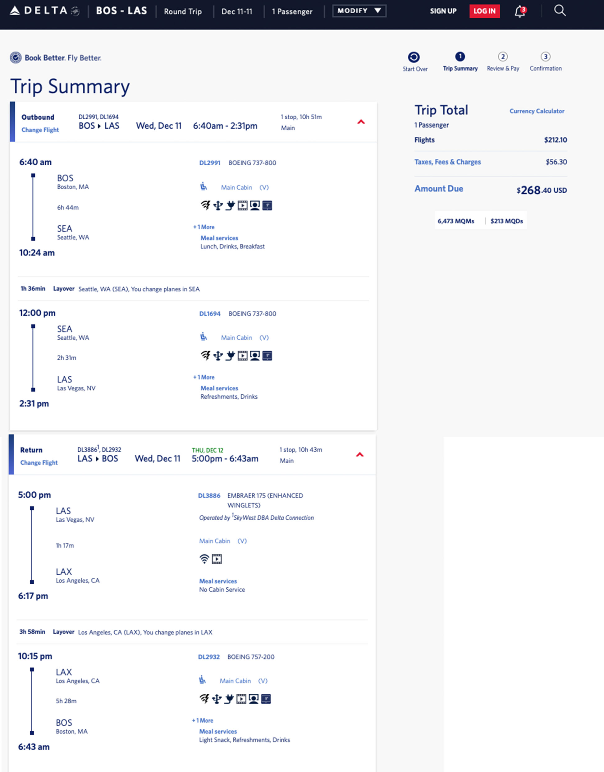 Delta Air Lines mileage run from Boston to Las Vegas on December 11, 2019.
