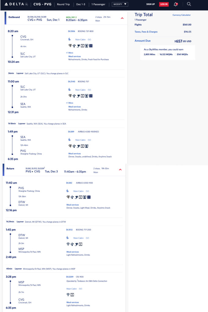 Delta Air Lines mileage run from CVG to Shangha