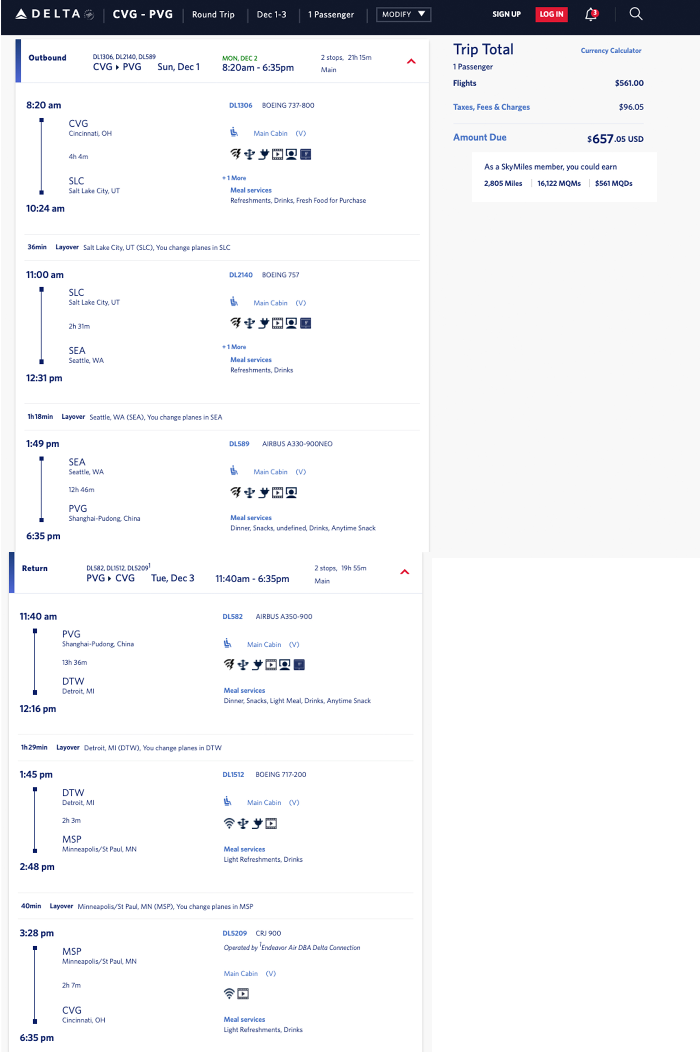 Delta Air Lines mileage run from CVG to Shangha
