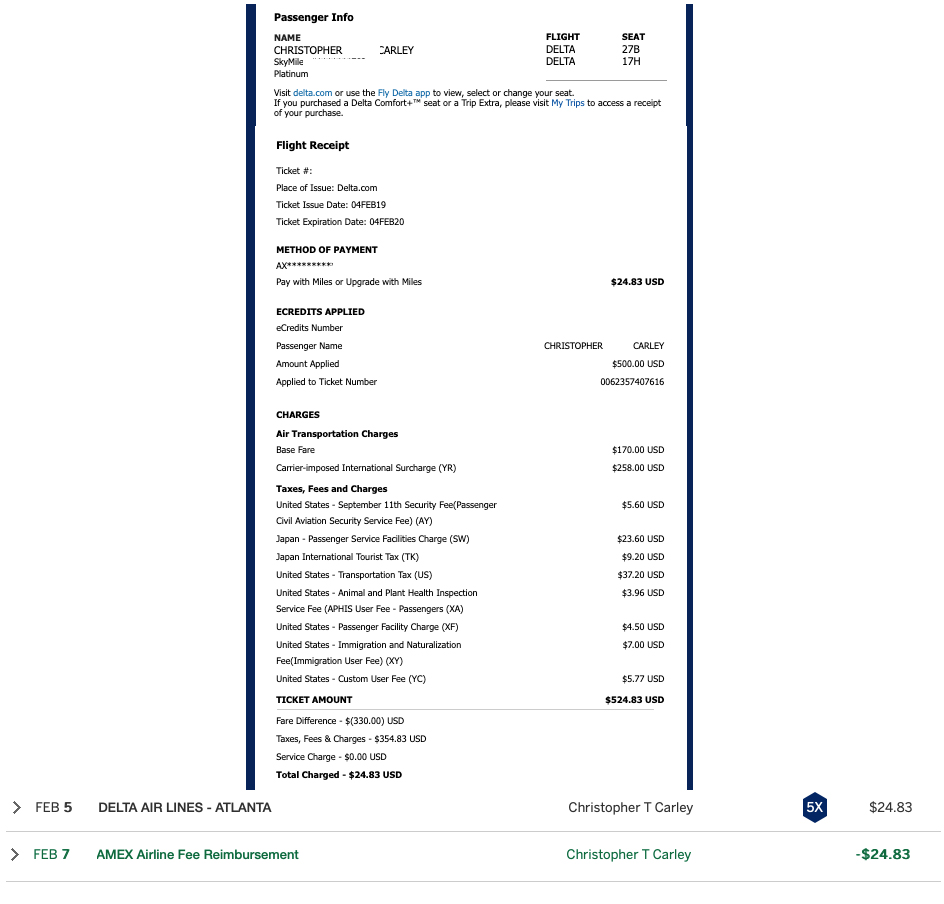 Delta Air Lines Pay with Miles cash balance crediting toward American Express airline incidental credit.