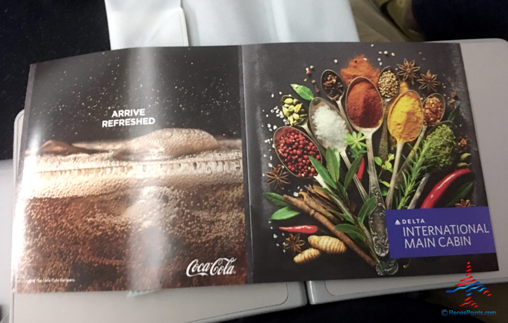 The menu of Delta's Main Cabin international experience is seen on a Boeing 767-300ER from Salt Lake City to Paris Charles de Gaulle