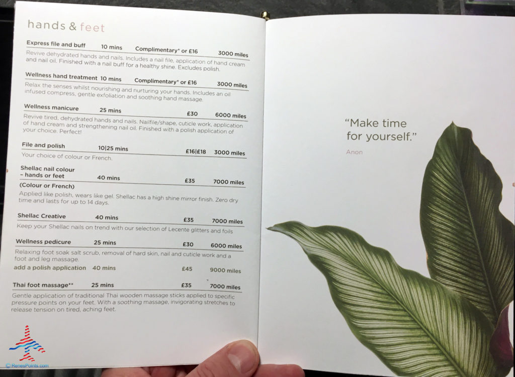 A treatment menu is seen at the Virgin Atlantic Clubhouse airport lounge's spa at London Heathrow Airport (LHR).