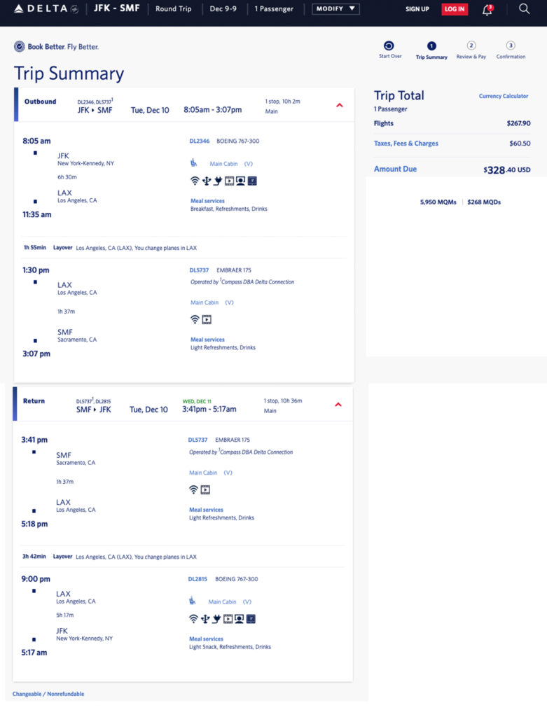 JFK to Sacramento SMF Delta Mileage Run