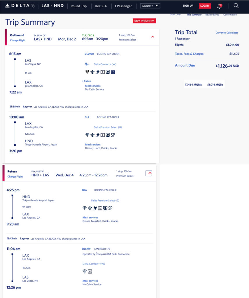 Las Vegas to Tokyo Haneda Delta Air Lines Premium Select Mileage Run.