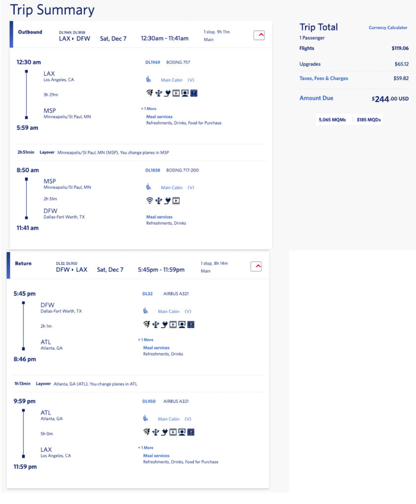 LAX to Dallas DFW Delta Air Lines mileage run on Saturday, December 7