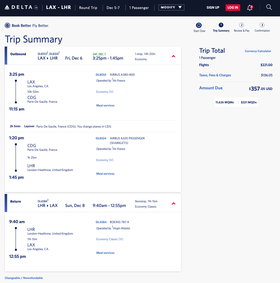 Delta mileage run to London Heathrow on Air France and Virgin Atlantic during the weekend of December 6.