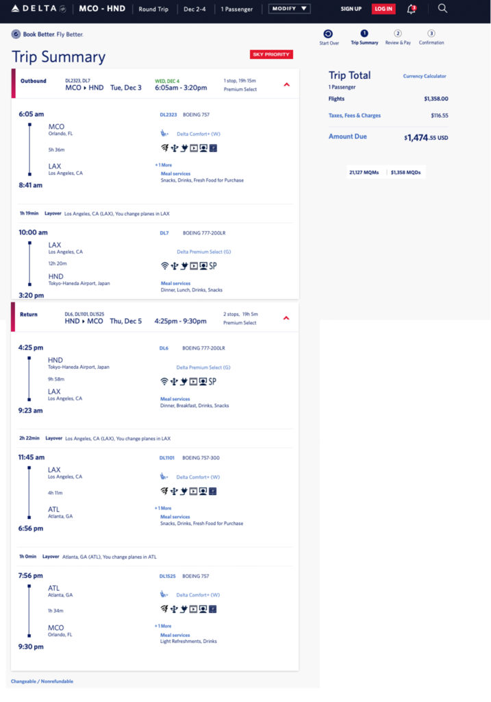 Orlando to Tokyo Haneda Delta Air Lines Premium Economy mileage run