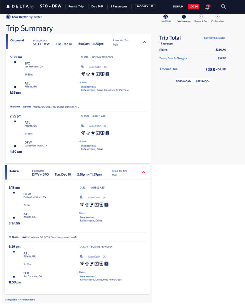 Delta mileage run from San Francisco (SFO) to Dallas (DFW) via Atlanta (ATL)