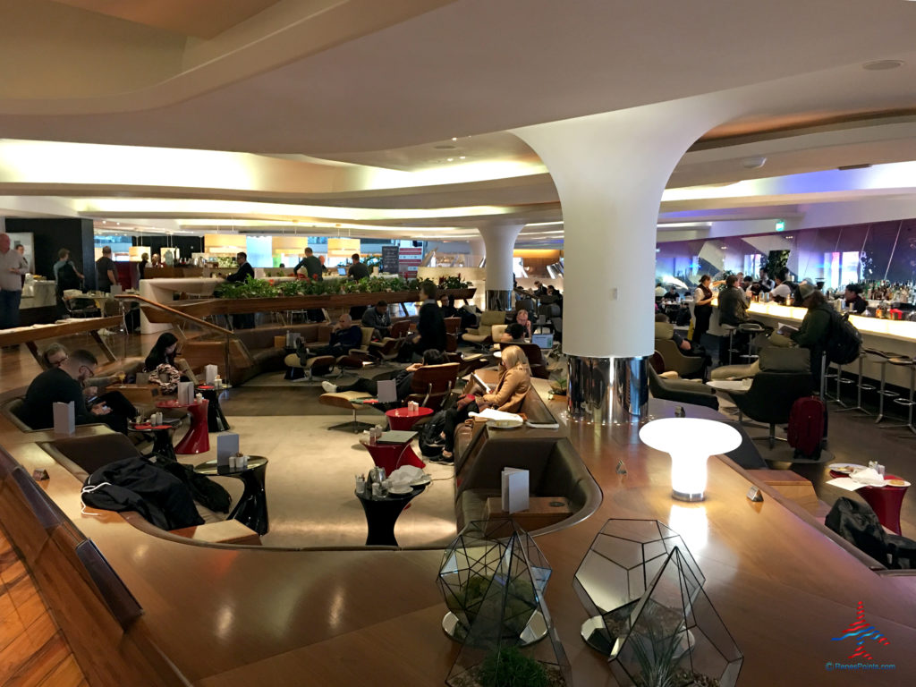 A sunken seating area is seen inside the Virgin Atlantic Clubhouse airport lounge at London Heathrow Airport (LHR).