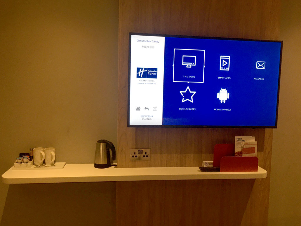 A television and coffee stations are seen inside a room at the Holiday Inn Express London Heathrow T4 (LHR airport hotel) in Hounslow, United Kingdom.