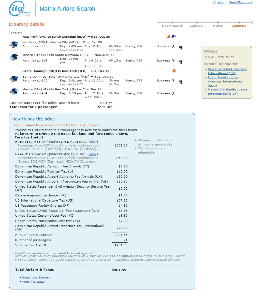 Aeromexico business class mileage run for Delta Air Lines MQD -- JFK to SDQ, Dec 30 - Jan 1