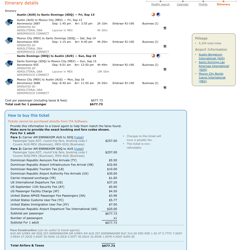 Sample Delta MQD run itinerary on Aeromexico from Austin (AUS) to Santo Domingo (SDQ).