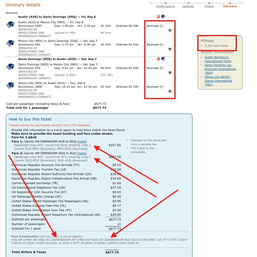 Sample Delta MQD run itinerary on Aeromexico from Austin (AUS) to Santo Domingo (SDQ).