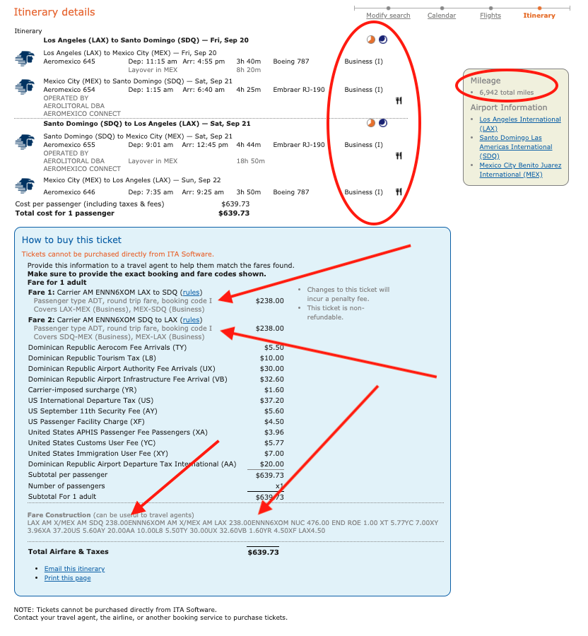 Sample Delta MQD run itinerary on Aeromexico from Los Angeles (LAX) to Santo Domingo (SDQ).