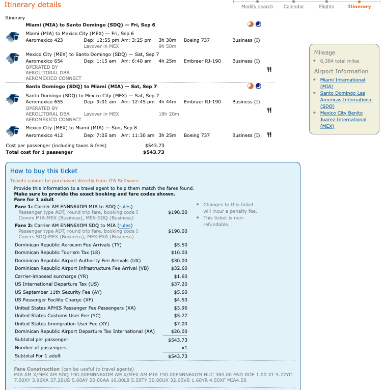 Sample Delta MQD run itinerary on Aeromexico from Miami (MIA) to Santo Domingo (SDQ).