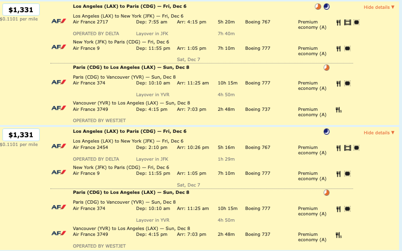 Air France MQD run from Los Angeles to Paris December 6-8.