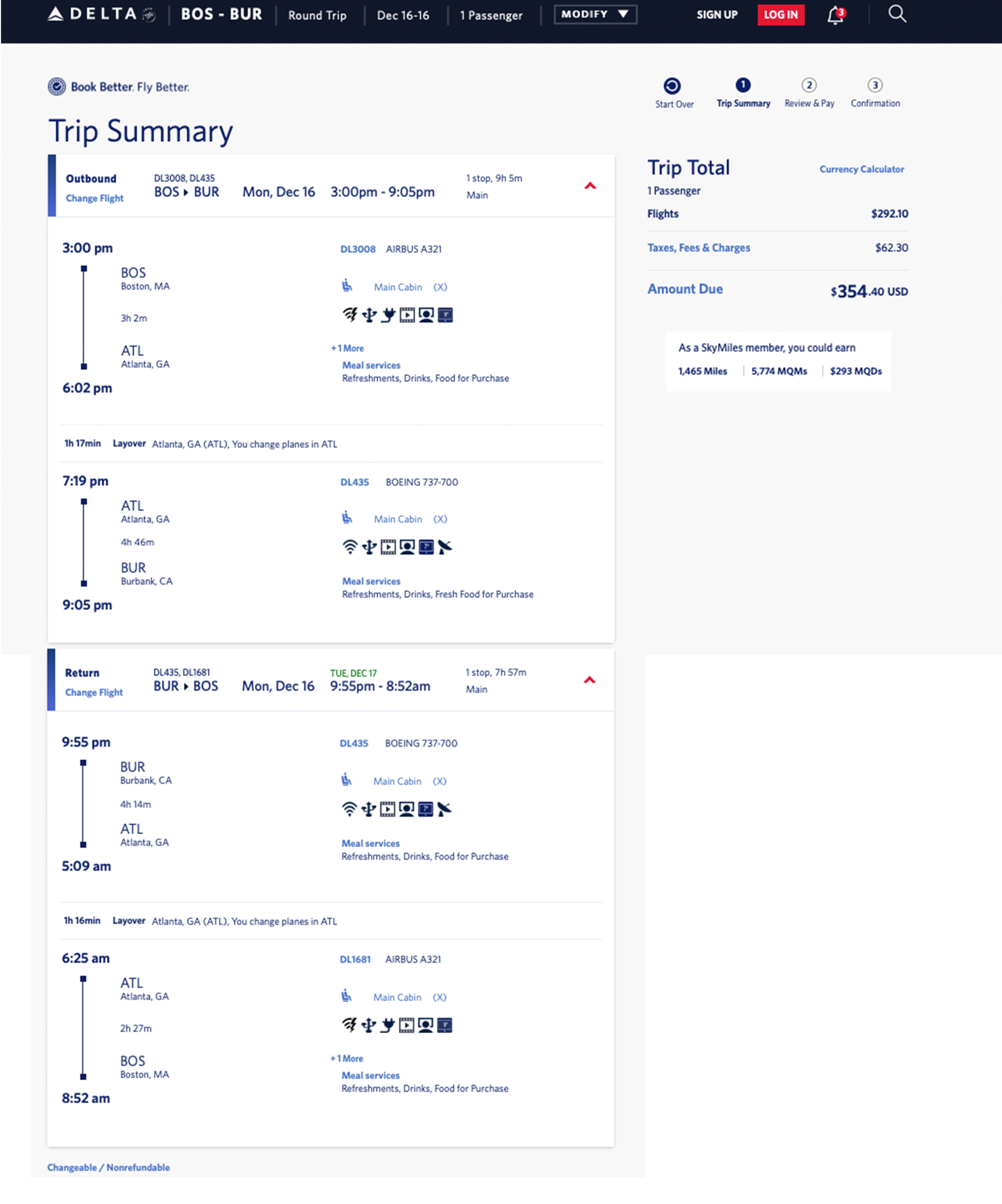 Delta mileage run from Boston to Burbank