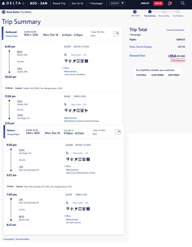 Delta Air Lines mileage run: Boston to San Diego via Seattle and JFK -- December 2019.