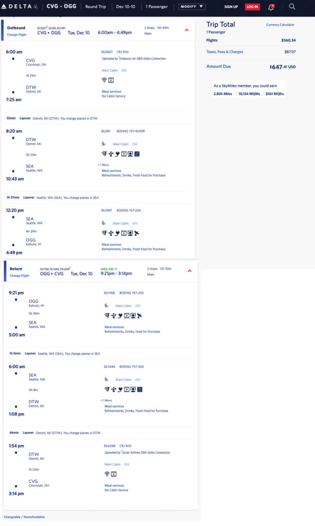 Delta mileage run: CVG to OGG