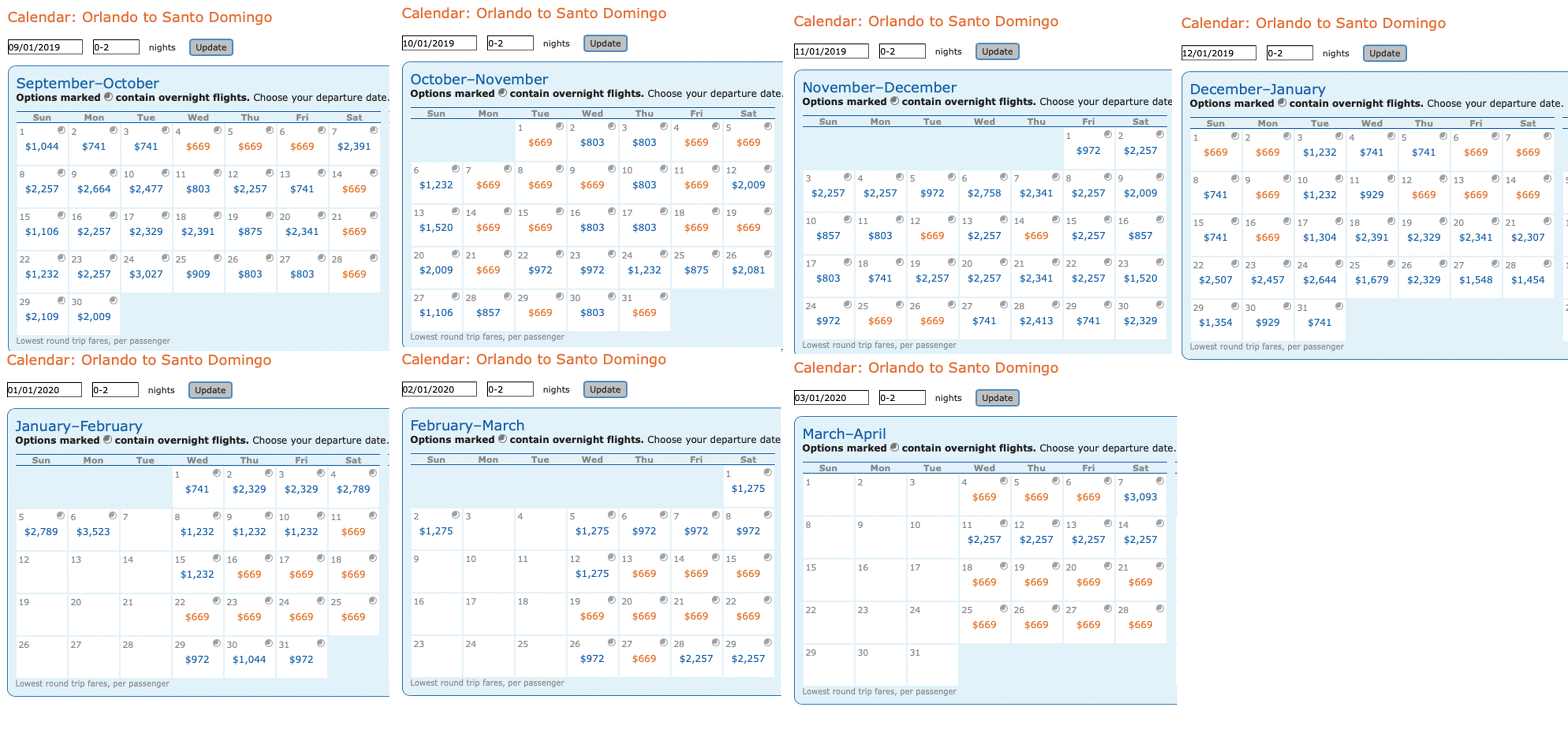Calendar of Delta MQD run itineraries on Aeromexico from Orlando (MCO) to Santo Domingo (SDQ) Dominican Republic.