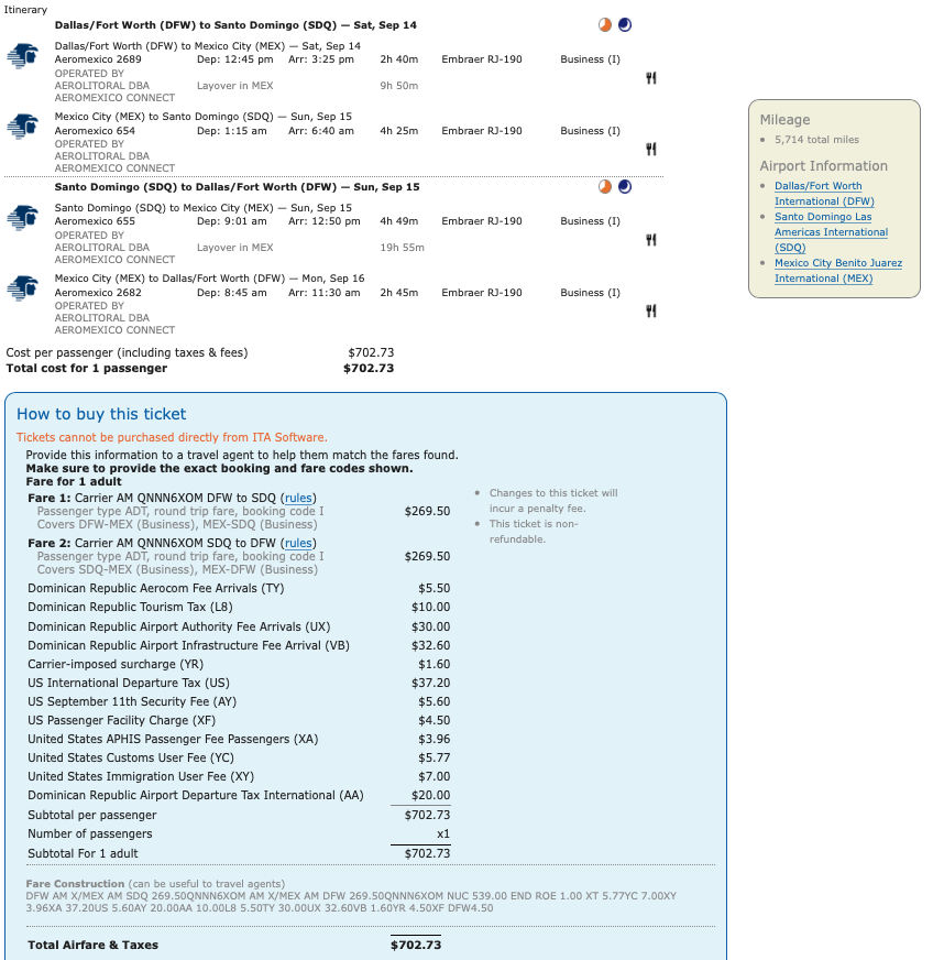 Sample Delta MQD run itinerary on Aeromexico from Dallas (DFW) to Santo Domingo (SDQ).