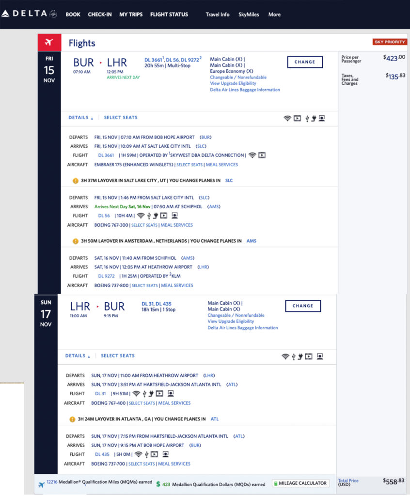 Delta Elite Medallion mileage run from BUR to London Heathrow LHR for November 15-17, 2019