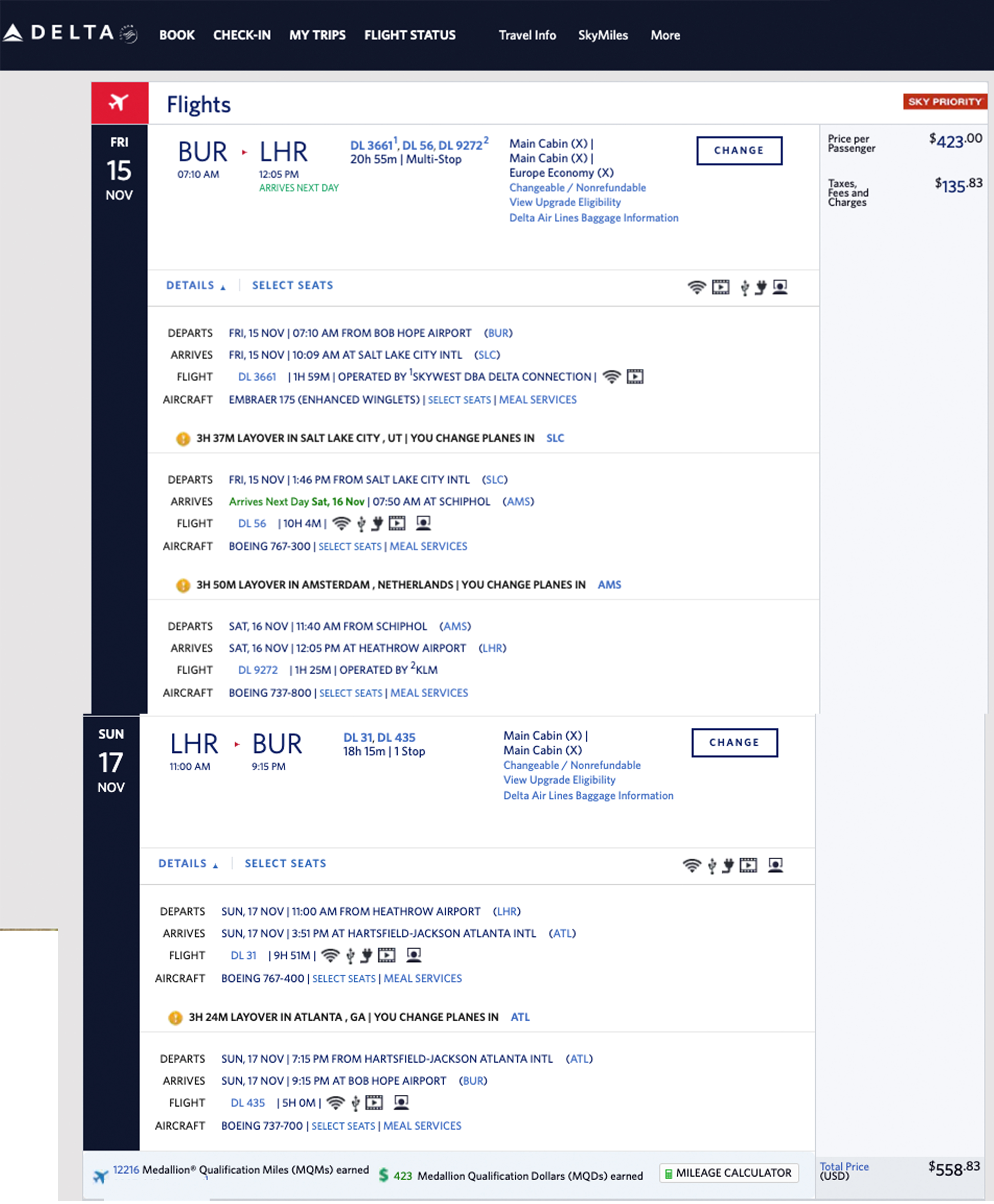 Delta Elite Medallion® mileage run from BUR to London Heathrow LHR for November 15-17, 2019
