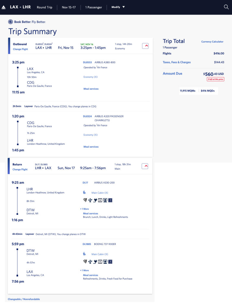 Delta Elite Medallion mileage run from LAX to London Heathrow LHR for November 15-17, 2019