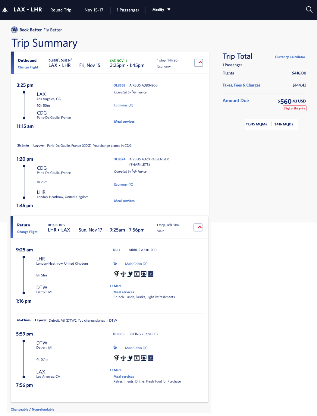 Delta Elite Medallion® mileage run from LAX to London Heathrow LHR for November 15-17, 2019