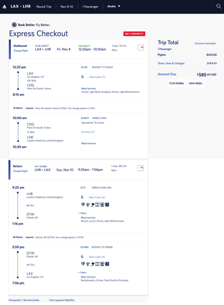 Delta Elite Medallion mileage run from LAX to London Heathrow LHR for November 8-10, 2019