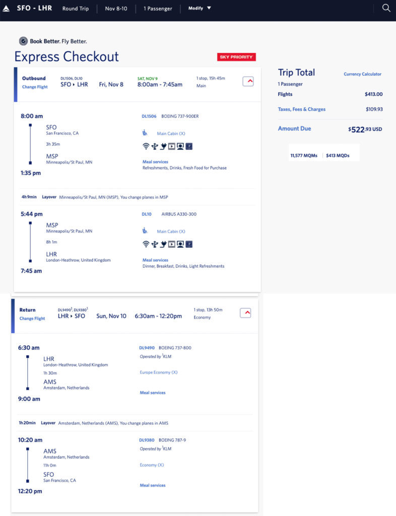 Delta Elite Medallion mileage run from SFO to London Heathrow LHR for November 8-10, 2019