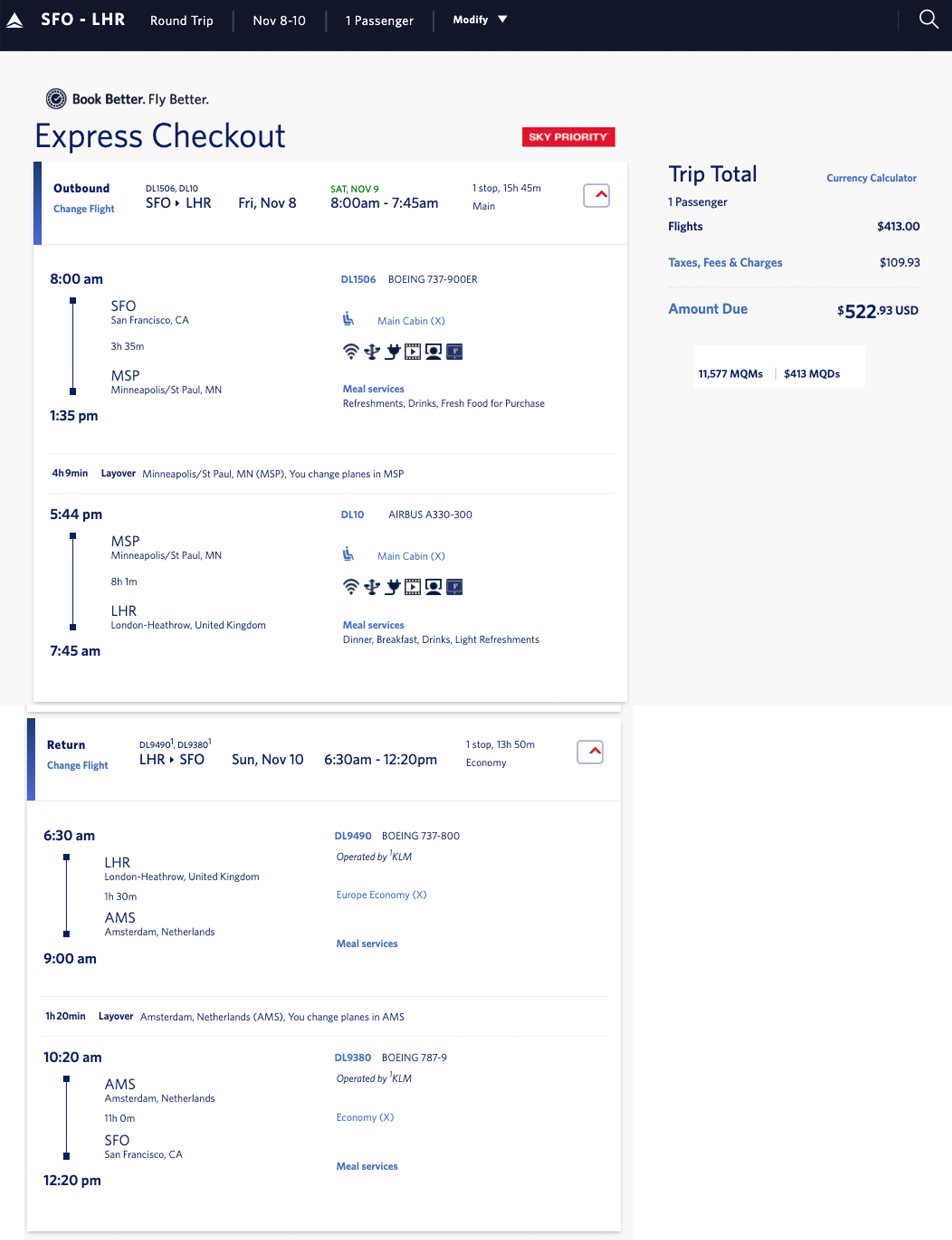 Delta Elite Medallion® mileage run from SFO to London Heathrow LHR for November 8-10, 2019