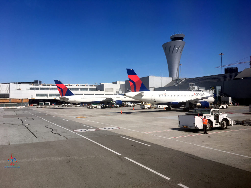 Delta Air Lines Airbus and Boeing 757 are seen at San Francisco International Airport (SFO).