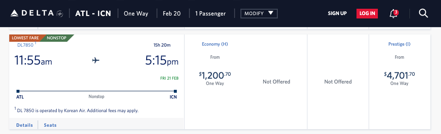 A Korean Air flight marketed by Delta Air Lines, one way from ATL to ICN.