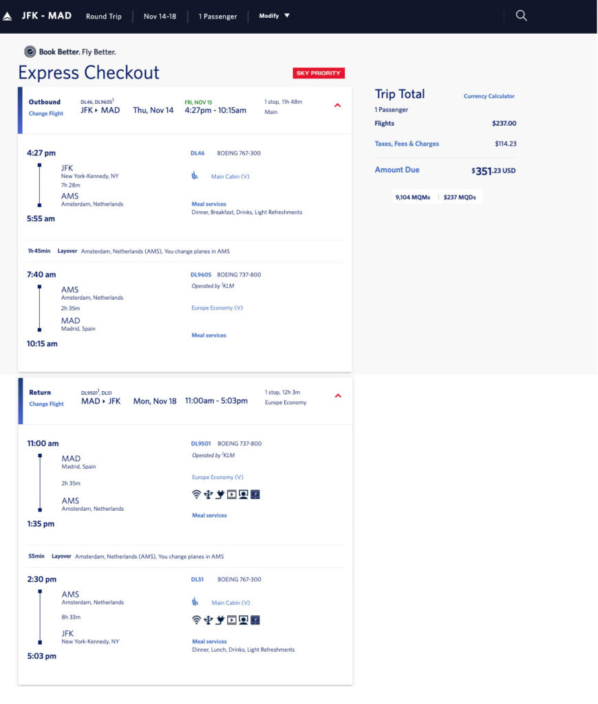 Delta SkyTeam weekend mileage run JFK to Madrid