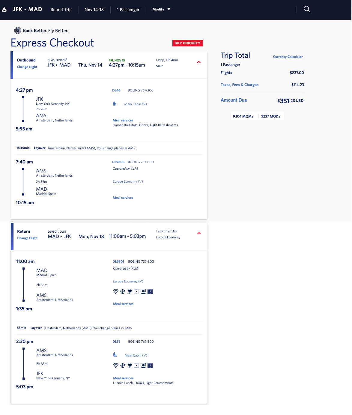 Delta SkyTeam weekend mileage run JFK to Madrid
