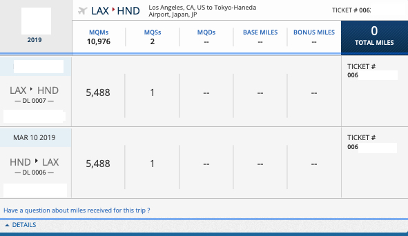 MQM earned on a Delta Air Lines Pay with Miles ticket for LAX to HND. 