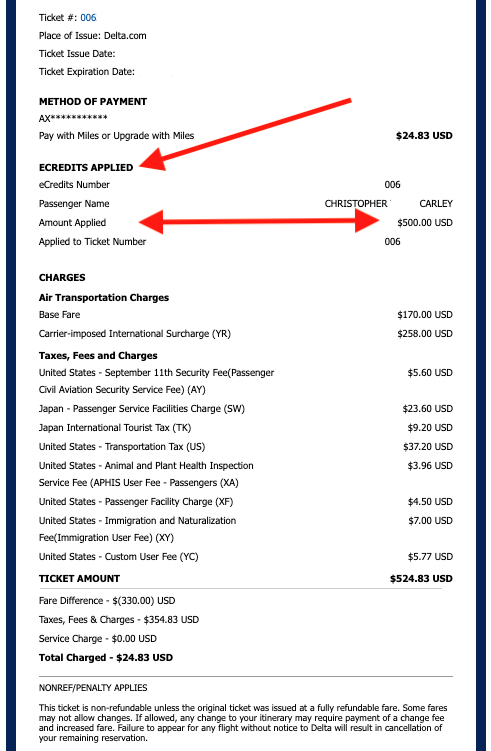 Delta Air Lines Pay with Miles receipt for mileage run from Los Angeles to Tokyo Haneda.