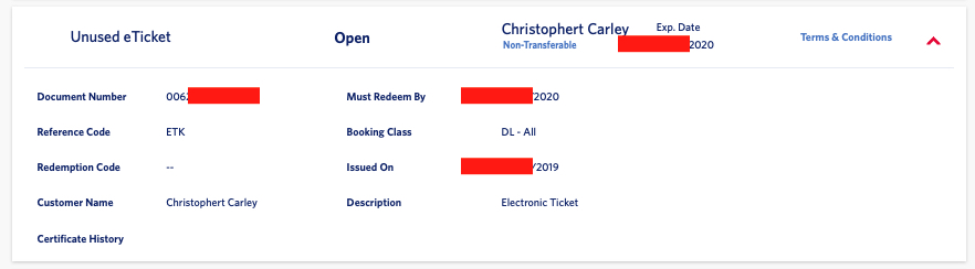 Delta unused eTicket on Delta website