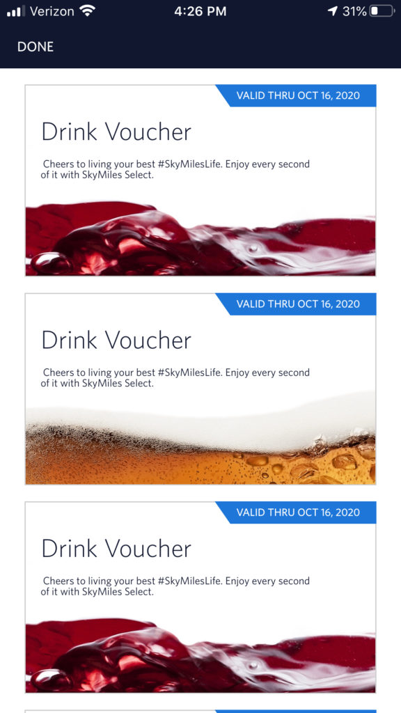 Delta alcoholic beverage drink tickets as seen on the FlyDelta app.